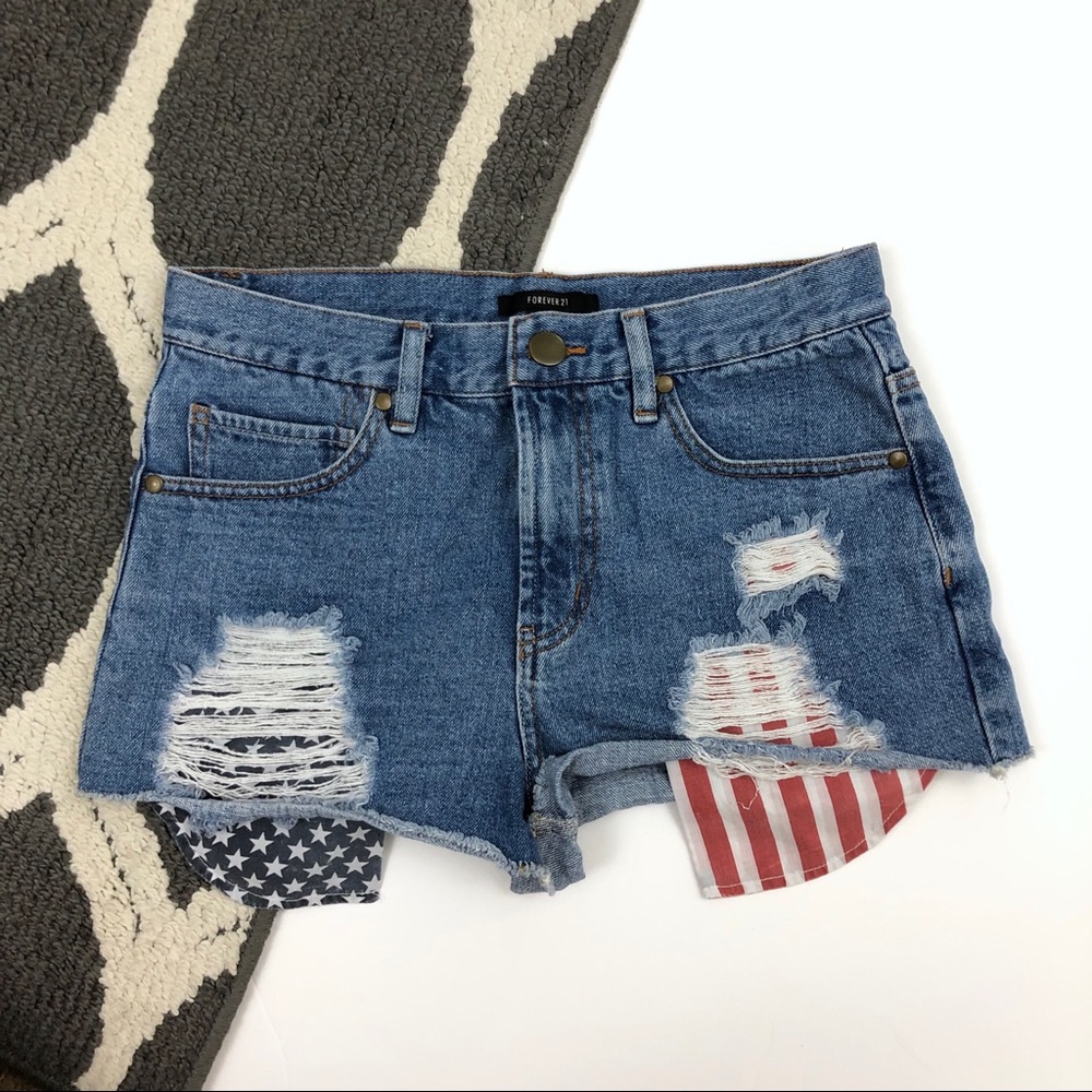 Forever 21 Blue and Red Jean Shorts with Patriotic Accents